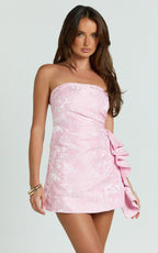 Women's pink strapless jacquard mini dress with layered side ruffles