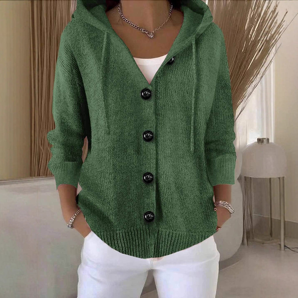 Women's hooded knitted cardigan with long sleeves, buttons and ribbed trims