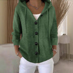 Women's hooded knitted cardigan with long sleeves, buttons and ribbed trims