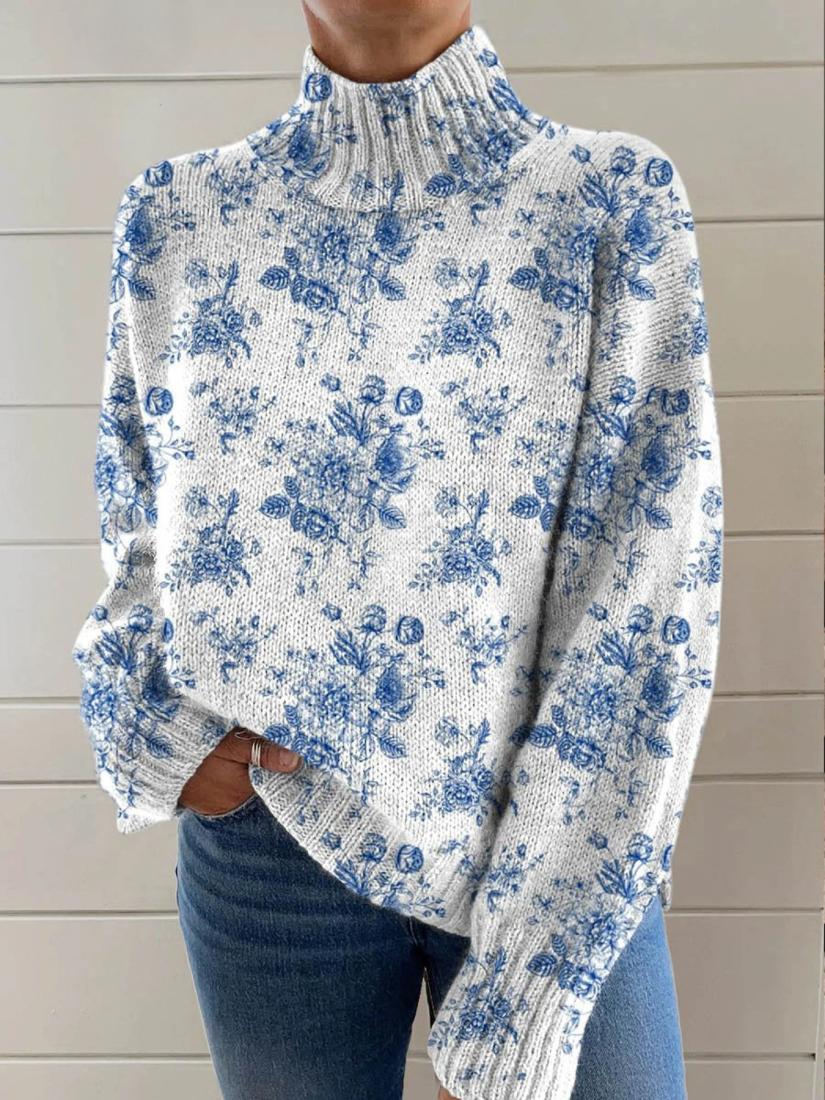 Women's light sweater with blue floral print, turtleneck and long sleeves