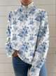 Women's light sweater with blue floral print, turtleneck and long sleeves