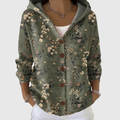 Women's green floral hooded cardigan with brown buttons and long sleeves