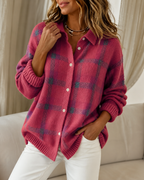 Women's checked knit cardigan with collar and button front