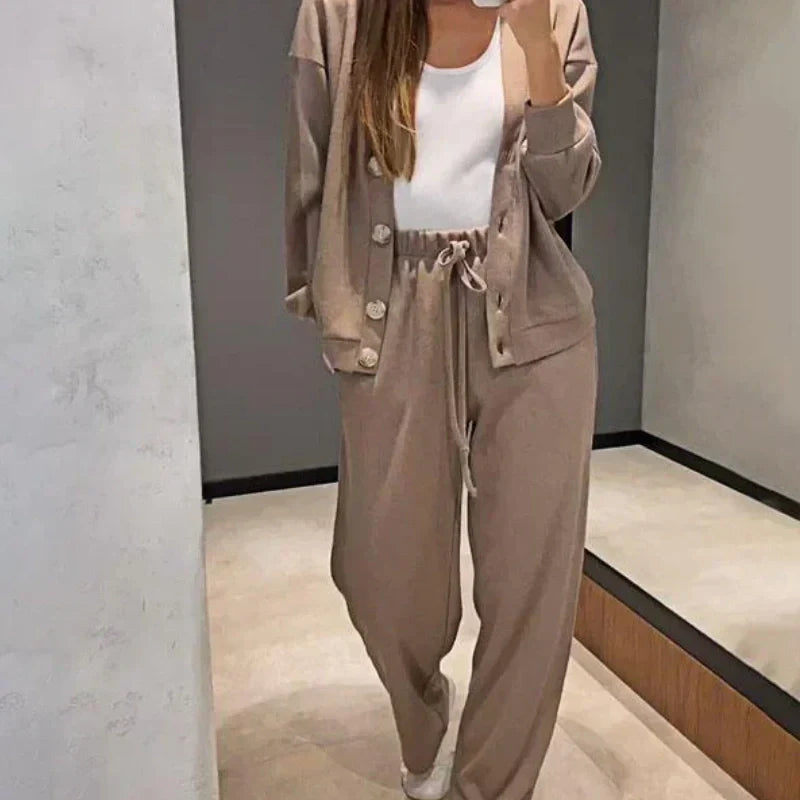 Women's knit cardigan and wide-leg trousers co-ord set
