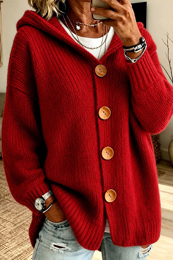 Women's long-sleeve hooded knit cardigan with four-button front