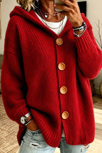 Women's long-sleeve hooded knit cardigan with four-button front