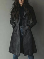 Women's long patchwork trench coat with notched collar and button front