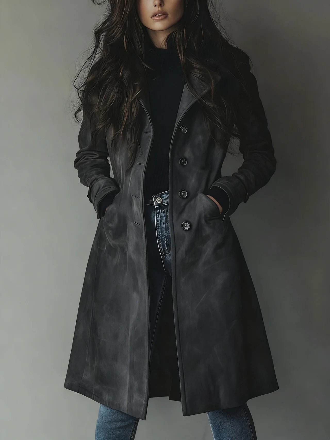 Women's long patchwork trench coat with notched collar and button front