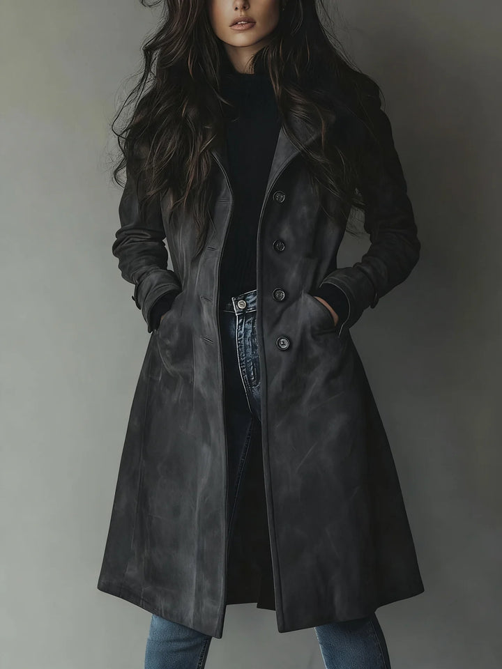 Women's long patchwork trench coat with notched collar and button front