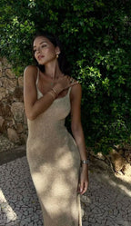 Women's khaki glitter knit maxi dress with scoop neckline and spaghetti straps