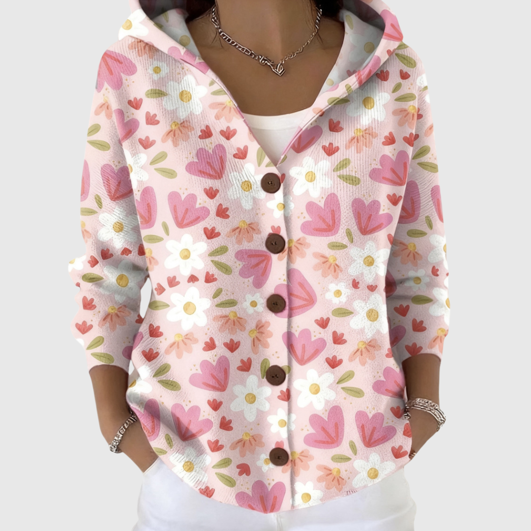 Women's pink floral hooded cardigan with button front and pockets