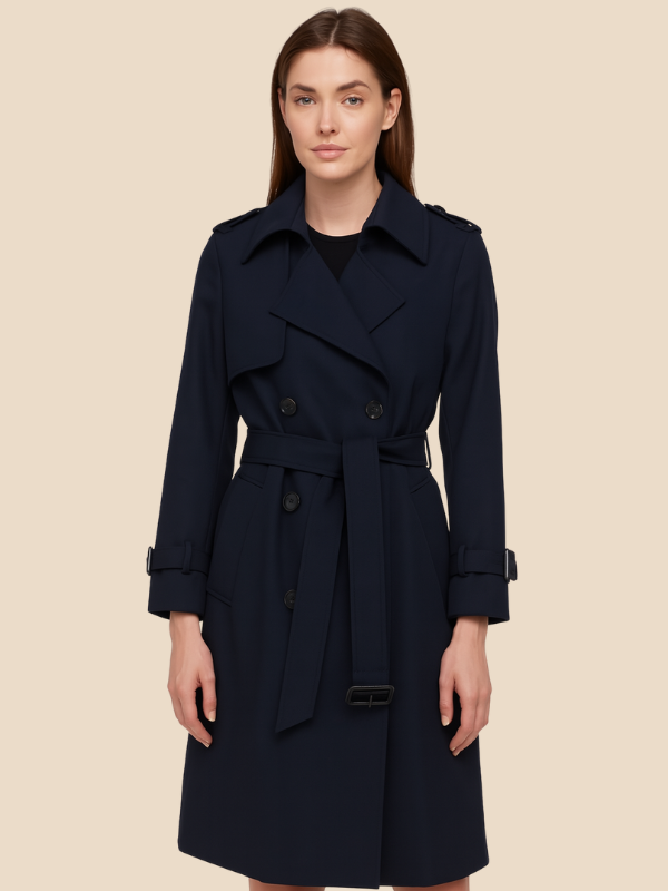 Women's belted double-breasted trench coat with long sleeves and lapel collar