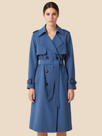 Women's belted double-breasted trench coat with long sleeves and lapel collar