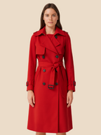 Women's belted double-breasted trench coat with long sleeves and lapel collar