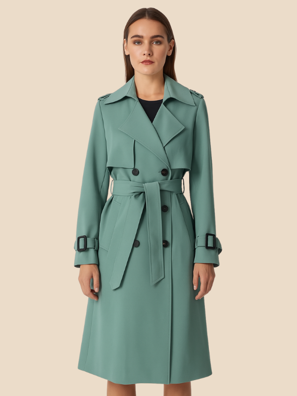 Women's belted double-breasted trench coat with long sleeves and lapel collar
