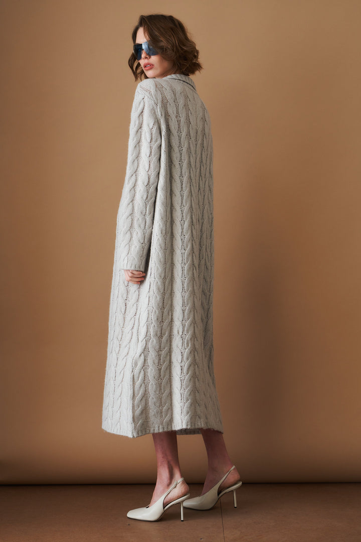 Women's light grey long cable knit cardigan with buttons and wide collar