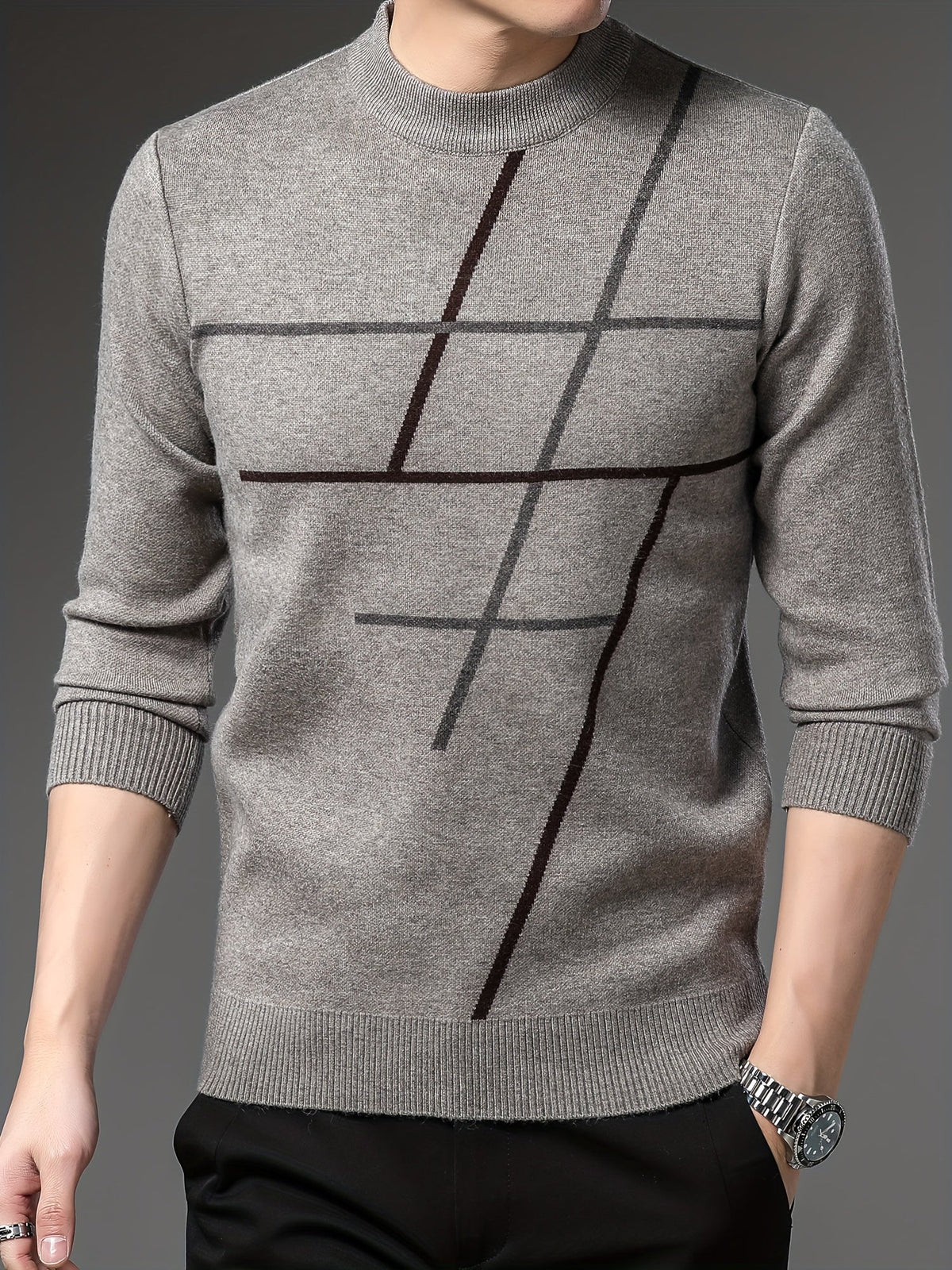 Men's geometric pattern crew-neck jumper with long sleeves
