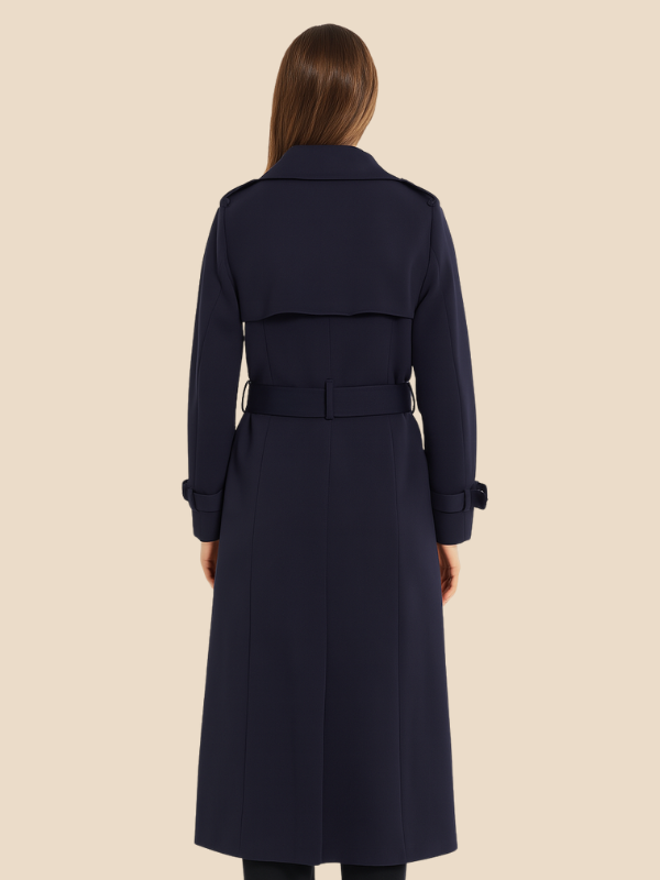 Women's belted double-breasted trench coat with long sleeves and lapel collar