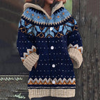 Women's hooded Fair Isle knit cardigan with buttons, pockets and long sleeves