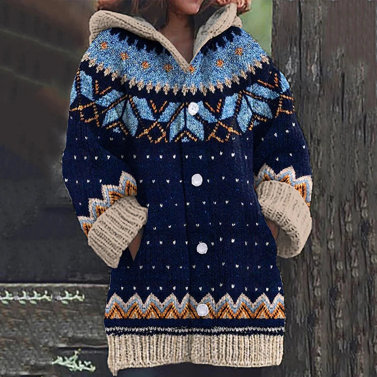 Women's Nordic patterned hooded knit cardigan with buttons