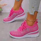 Women's knit-look lace-up sneakers with round toes and platform soles