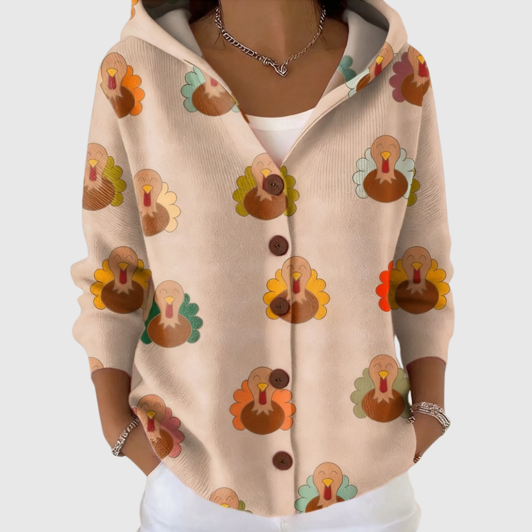 Women's beige hooded cardigan with colourful turkey print and buttons