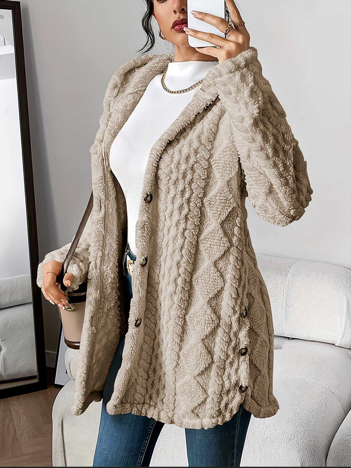 Women's hooded textured cardigan with long sleeves and button front