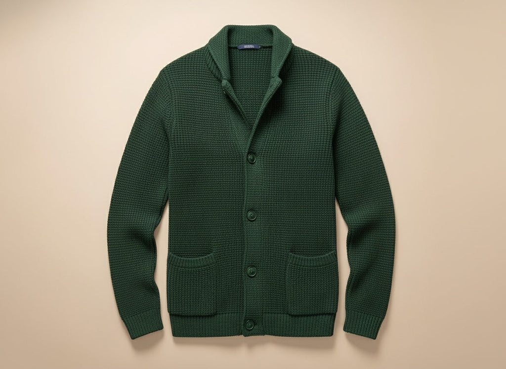 Men's textured knitted buttoned cardigan with shawl-style collar and front patch pockets