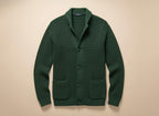 Men's textured knitted buttoned cardigan with shawl-style collar and front patch pockets