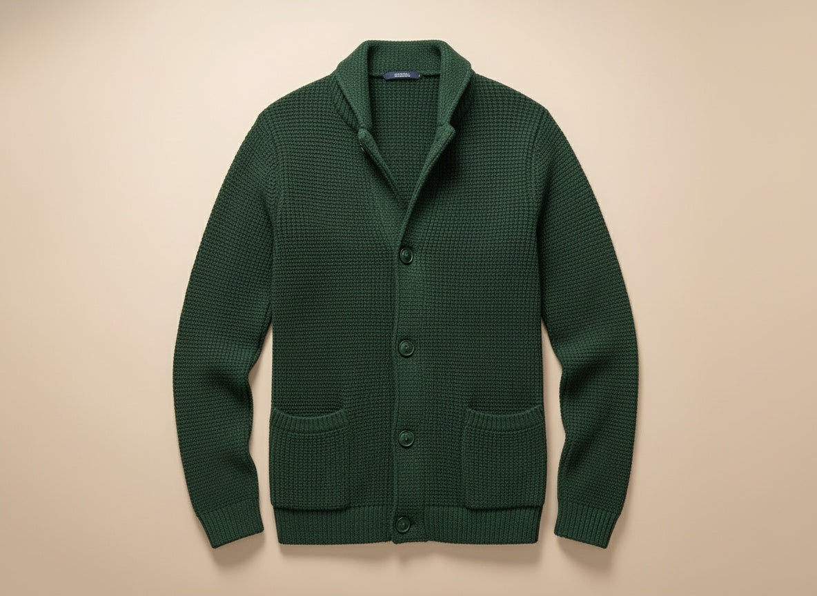 Men's textured knitted buttoned cardigan with shawl-style collar and front patch pockets