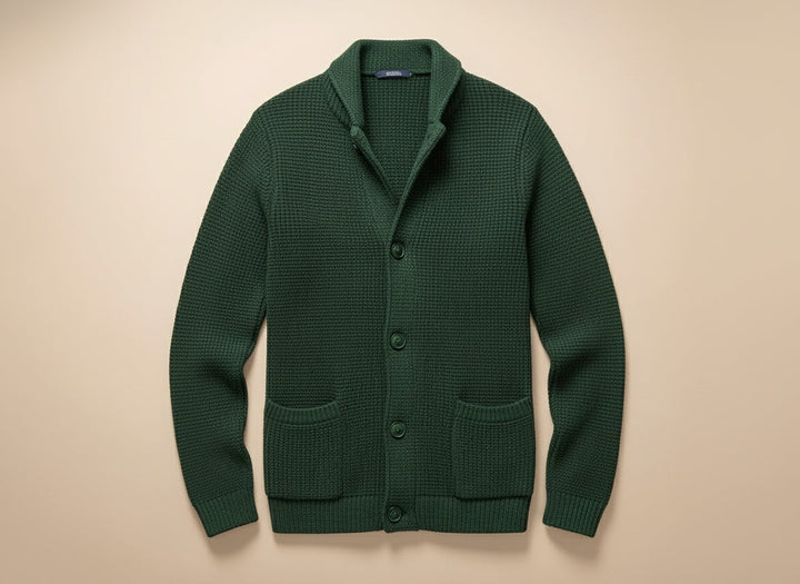 Men's textured knitted buttoned cardigan with shawl-style collar and front patch pockets