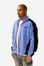 Men's blue fleece jacket with black panels, hood and zip front