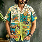 Men's multicolor patchwork graphic shirt with music-themed artwork
