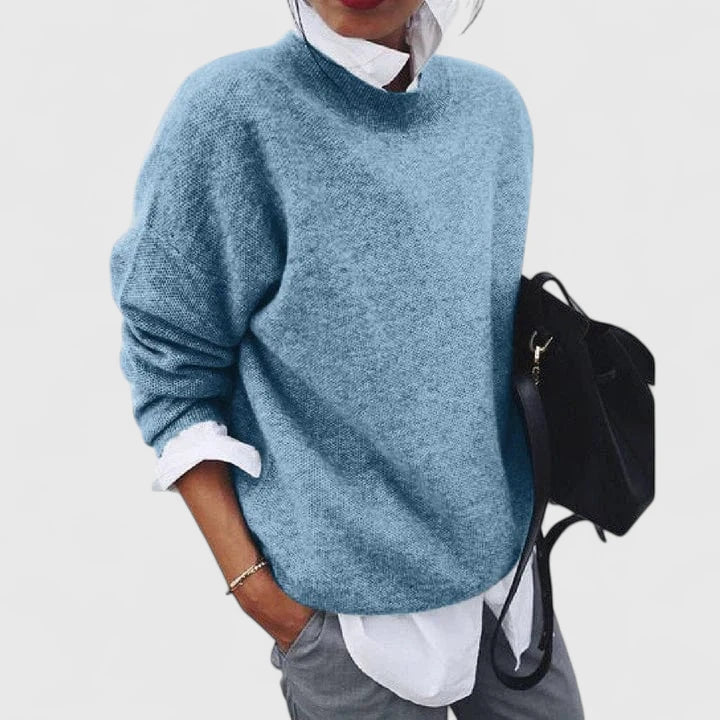 Women's relaxed crew neck sweater with long sleeves and ribbed trims