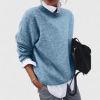 Women's relaxed crew neck sweater with long sleeves and ribbed trims
