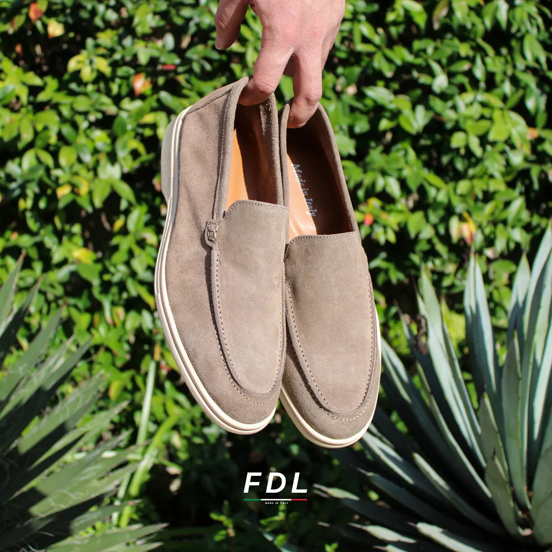 Men's beige moc toe slip-on loafers with low cream soles