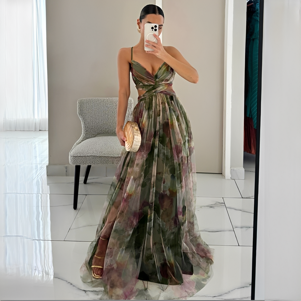 Women's multicoloured abstract V-neck maxi dress with spaghetti straps
