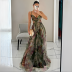 Women's multicoloured abstract V-neck maxi dress with spaghetti straps