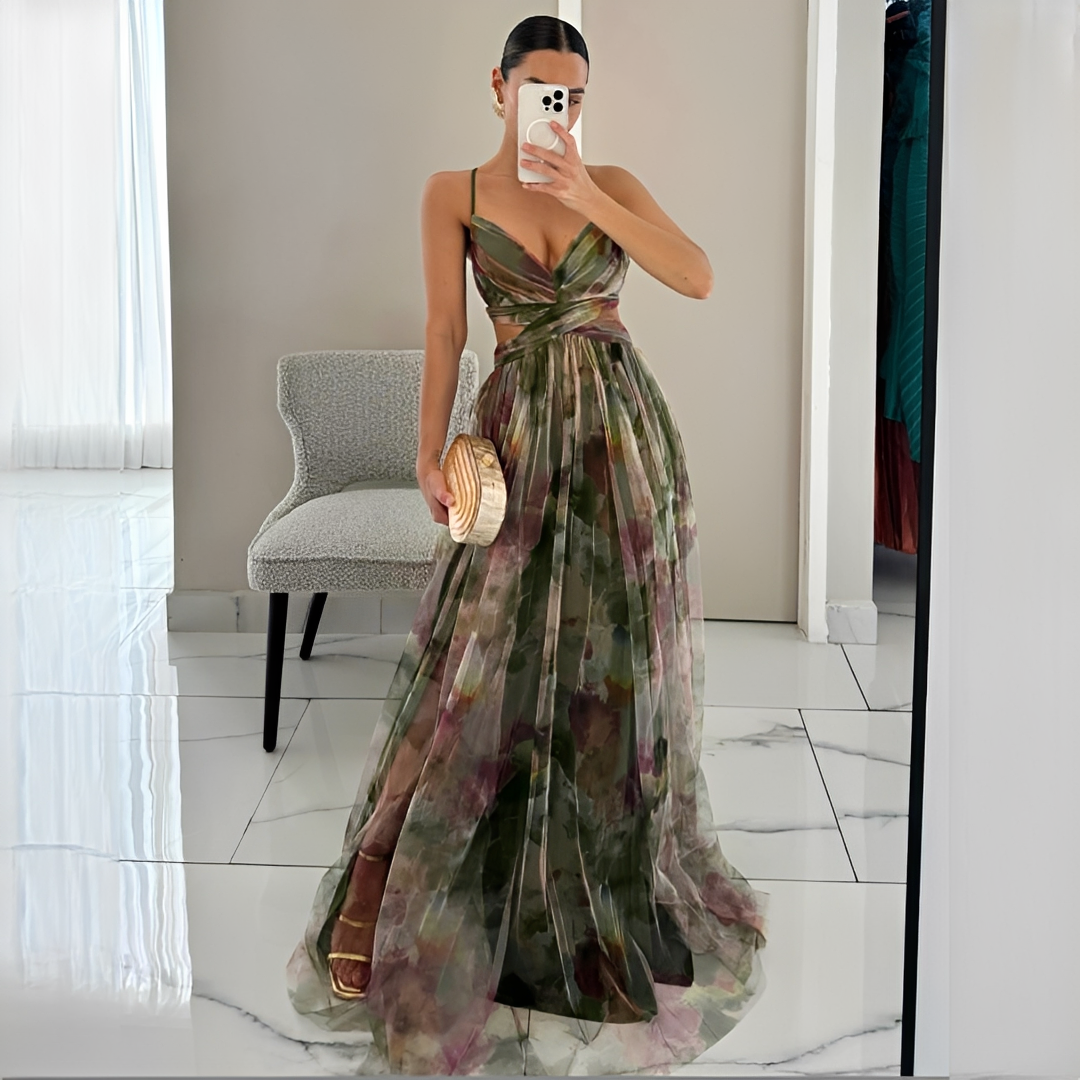 Women's multicoloured abstract V-neck maxi dress with spaghetti straps