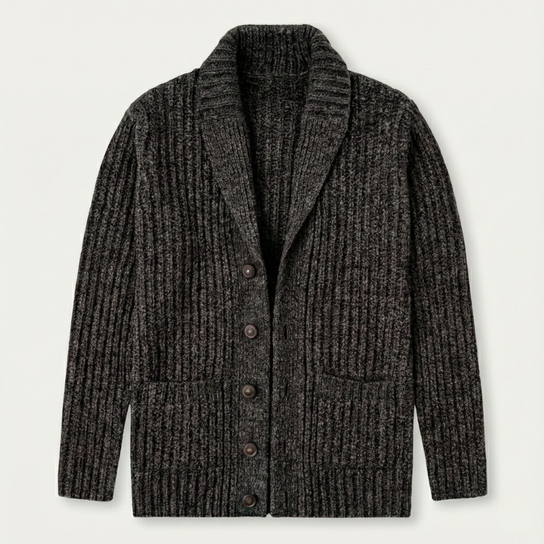 Men's chunky knit cardigan with shawl collar and buttons