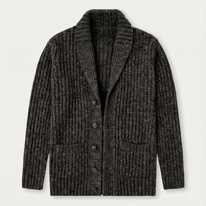 Men's chunky knit cardigan with shawl collar and buttons