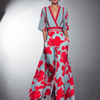 Blue and red floral women's wide leg jumpsuit with V-neck