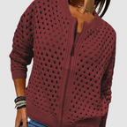Women's open knit zip cardigan with ribbed trims and long sleeves