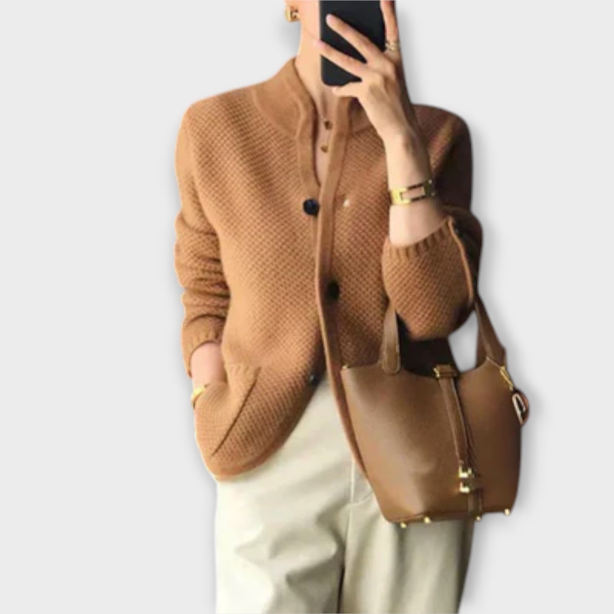 Women's textured button-front cardigan with stand collar