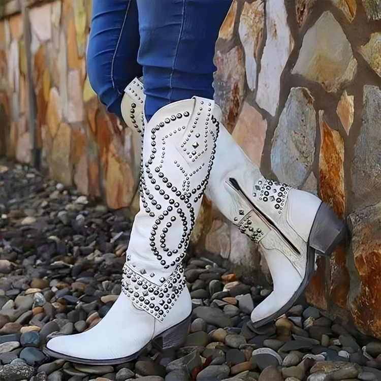 Women's studded knee-high western boots with pointed toes