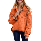 Women's oversized hooded quilted pullover jacket with long sleeves and front pockets