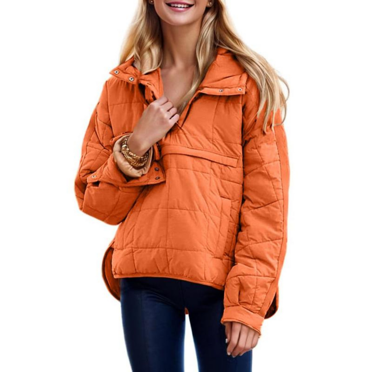 Women's oversized hooded quilted pullover jacket with long sleeves and front pockets