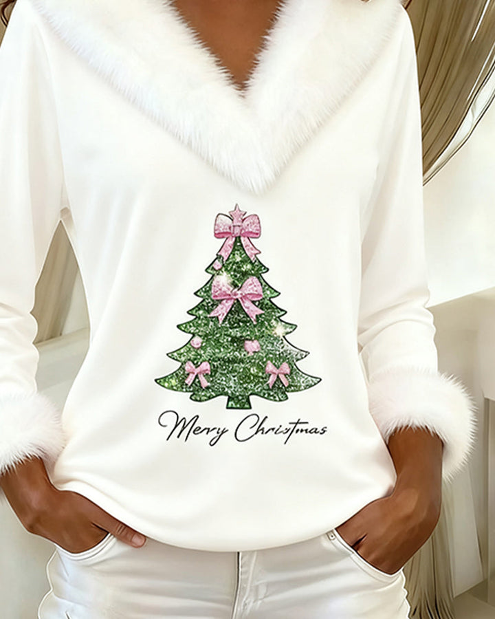 Women's Christmas print top with fluffy collar, long sleeves and Christmas tree graphic