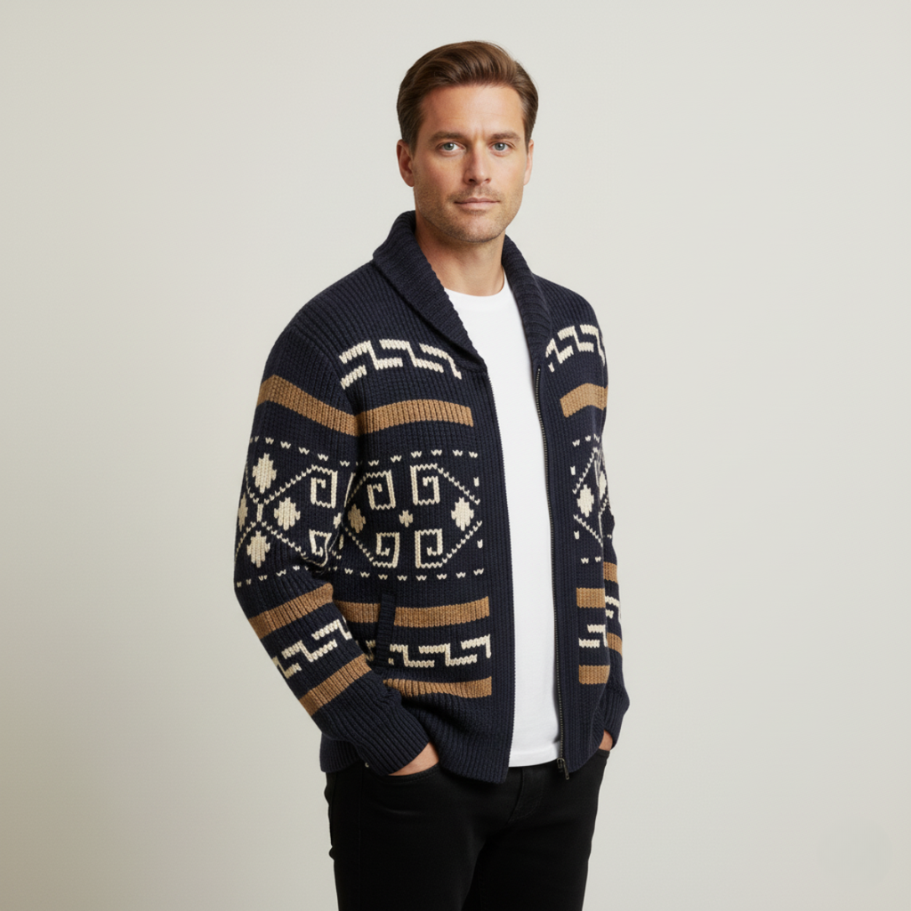 Men's shawl collar cardigan with geometric patterned knit and zip front