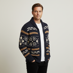 Men's shawl collar cardigan with geometric patterned knit and zip front